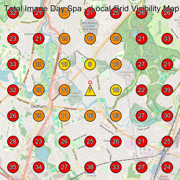 Total Image Day Spa GeoGrid visibility map for Landscape Designer in Boston